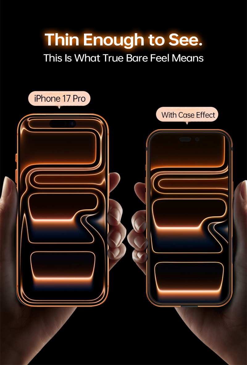 Comparison between iPhone 17 bare phone and CASESUN alloy MagSafe case showing slim thickness.