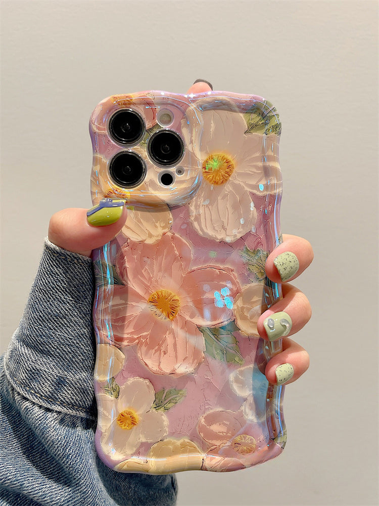 ins oil painting dot diamond flower glitter beautiful and cute lens film suitable for iPhone/Samsung series silicone women's anti-fall mobile phone case