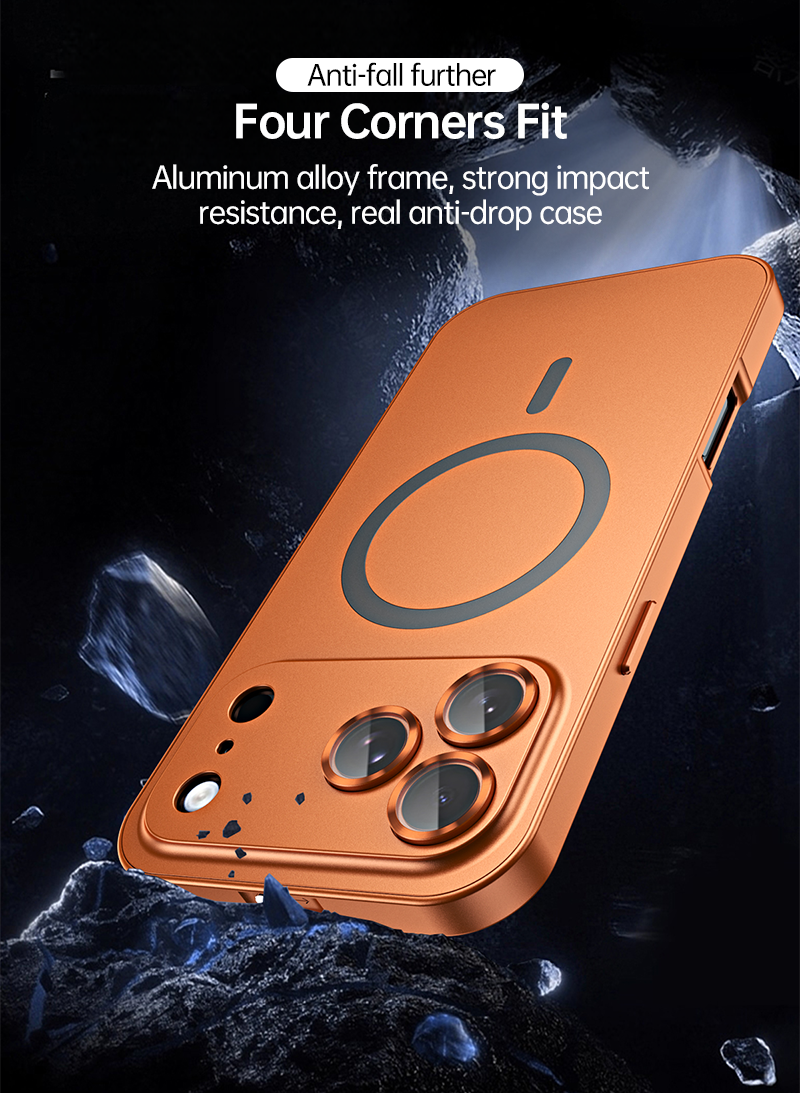 CASESUN-Orange iPhone case falling onto rock surface, showing reinforced aluminum frame protecting corners.