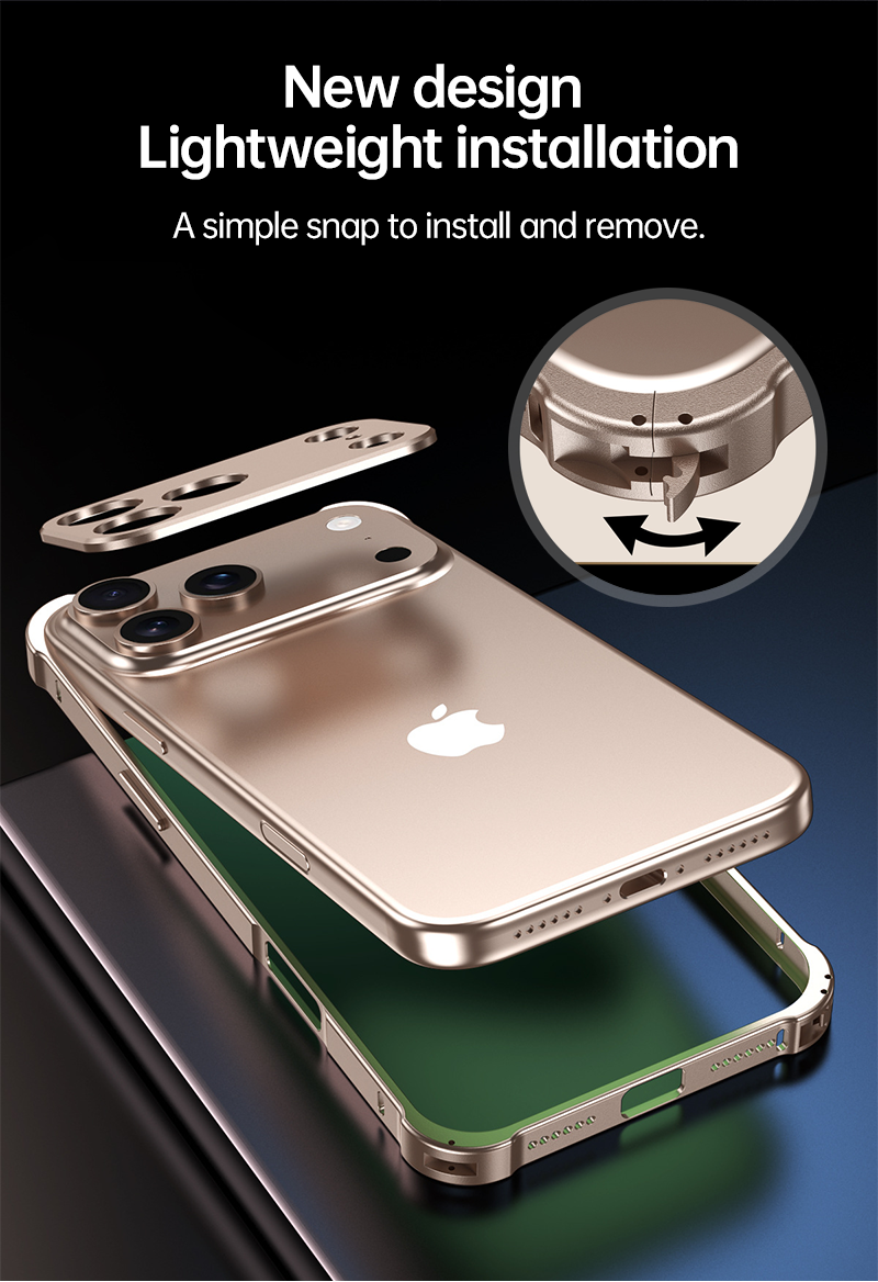 CASESUN iPhone 17 Pro Max gold aluminum frame case — lightweight snap-fit structure with secure lock design.