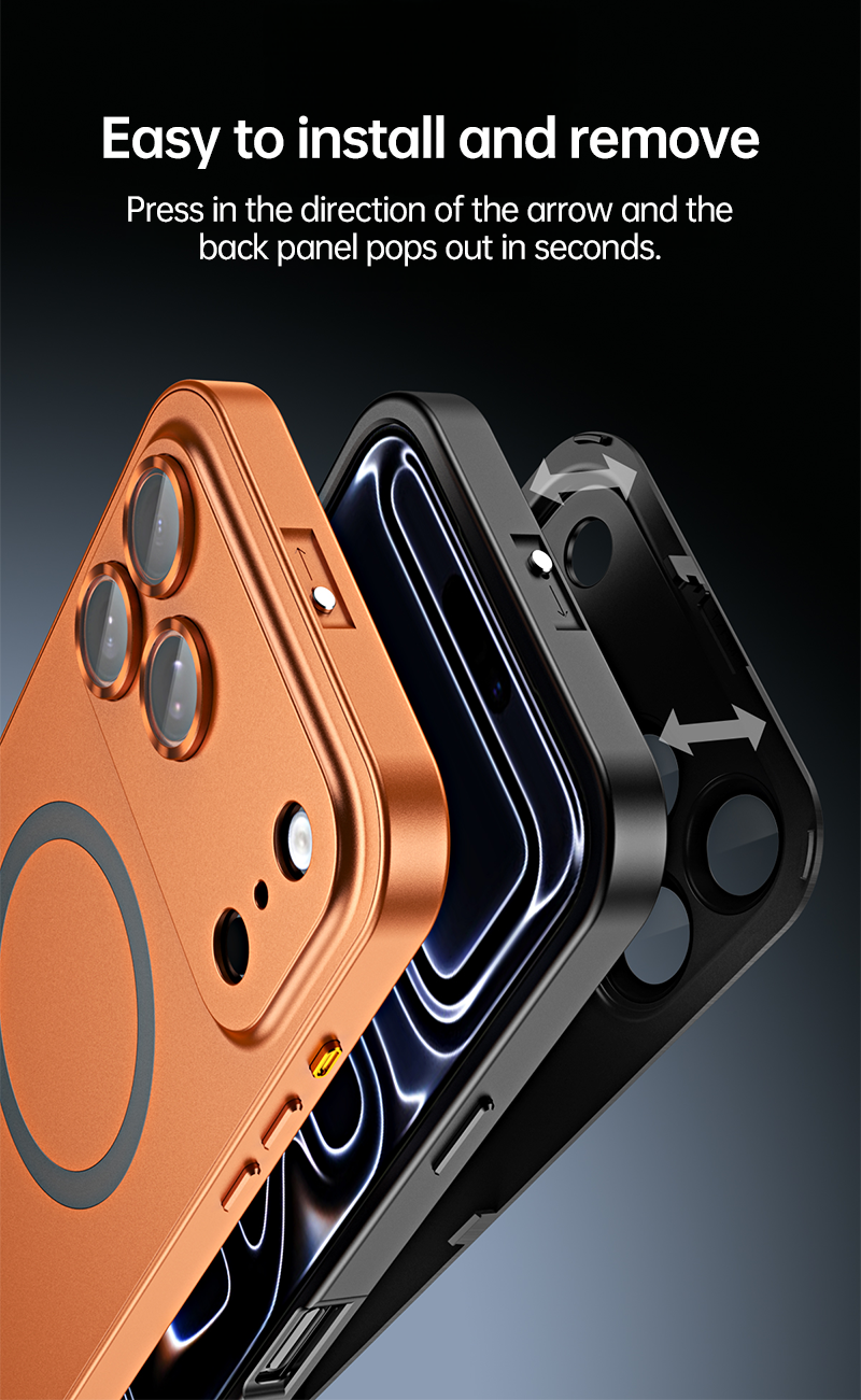 CASESUN-Orange iPhone case mid-installation, back panel sliding into position with alignment arrows.
