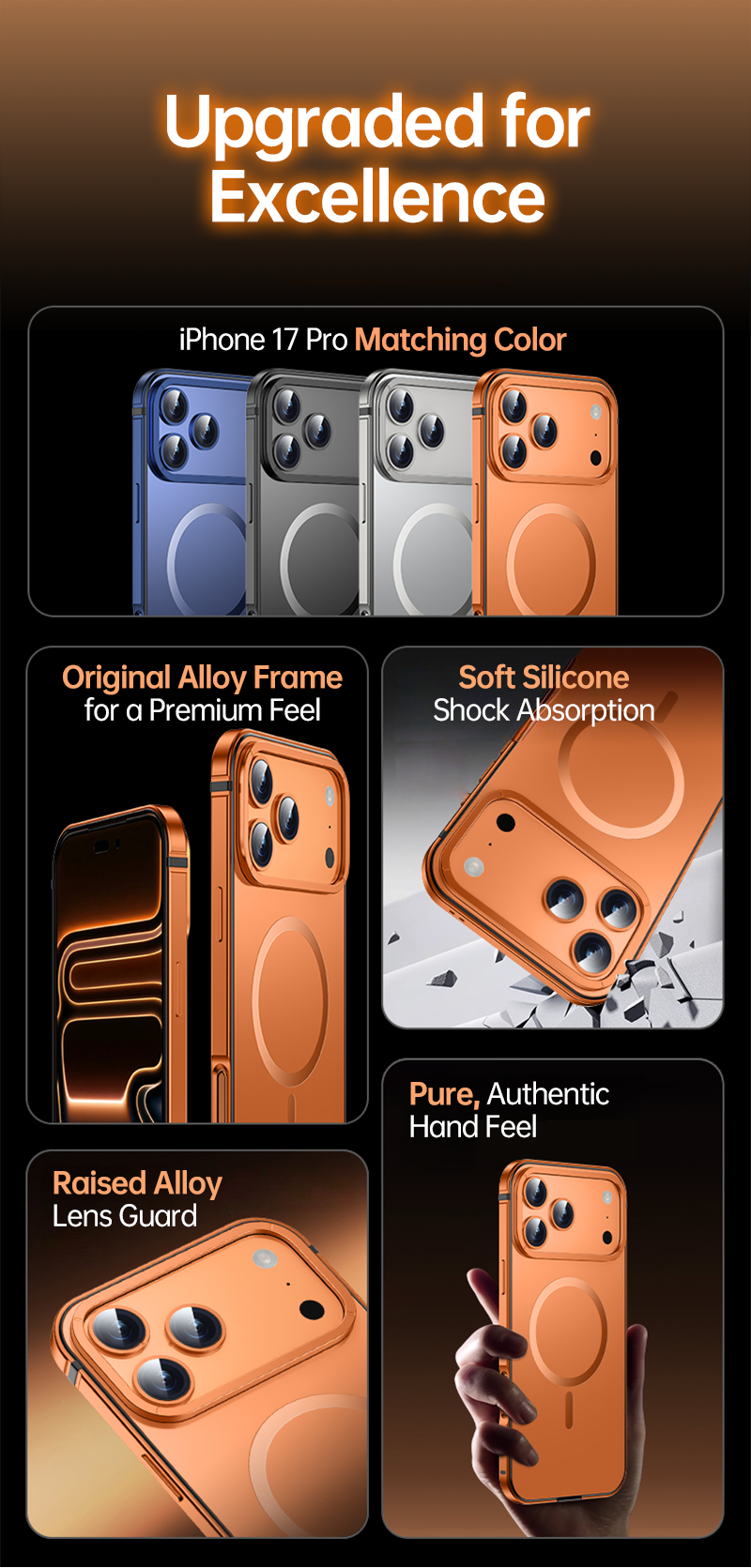 CASESUN iPhone 17 Pro Max case lineup in blue, gray, silver, orange, and black anodized finishes.