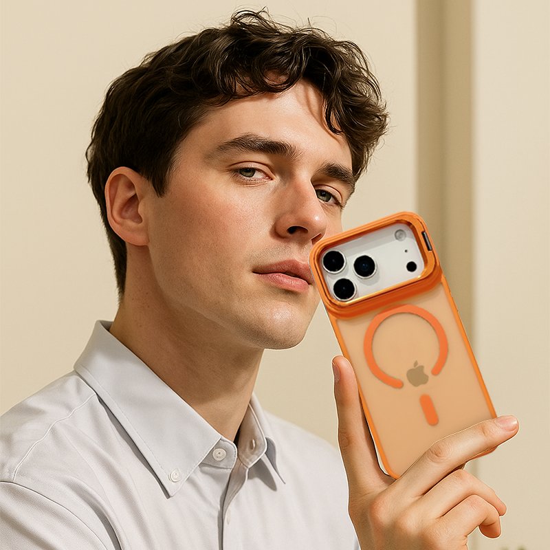 CASESUN matte orange iPhone 17 Pro Max case with magnetic stand and alloy lens frame held by model.
