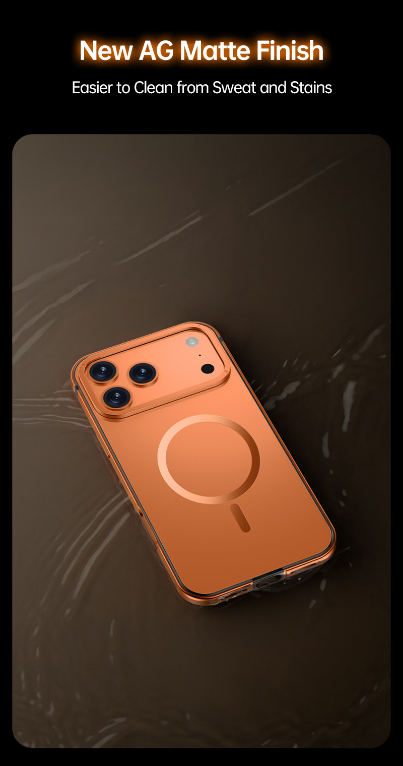 CASESUN matte MagSafe iPhone 17 Pro Max case repelling water on surface, showing anti-stain texture.