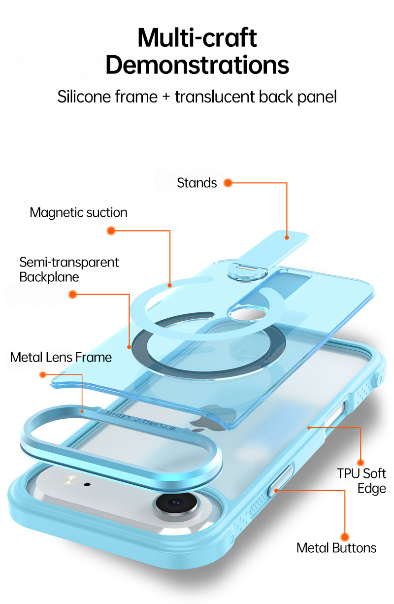 CaseSun-Exploded view of iPhone 17 Pro Max case structure: silicone frame, translucent back panel, metal lens frame, magnetic ring, and stand