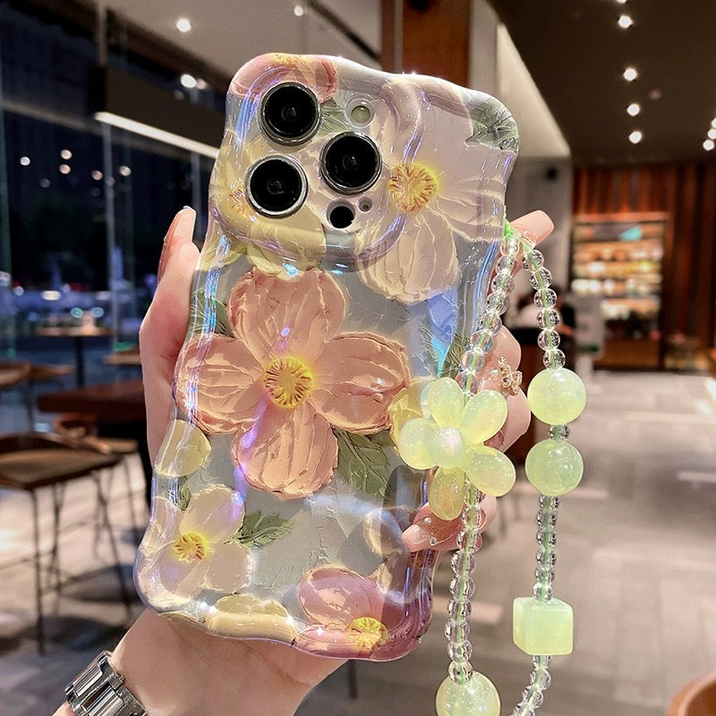 Ins Hot oil painting colorful flowers new anti-fall Blu-ray phone case with lanyard for iPhone