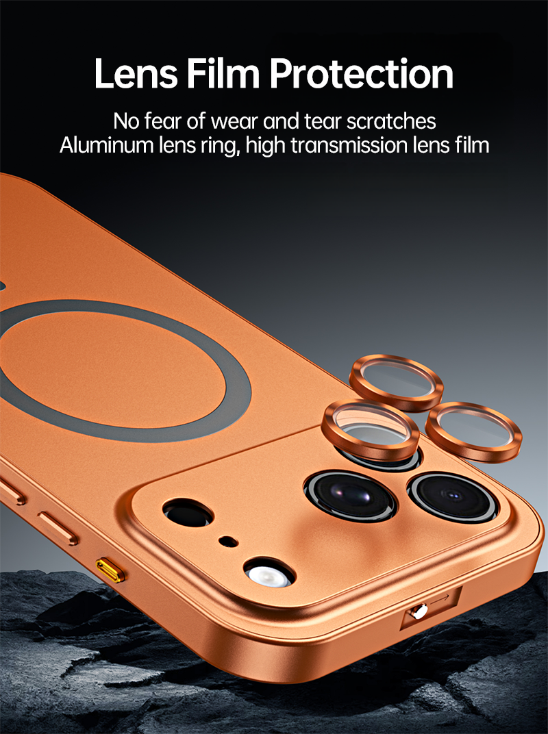 CASESUN-Close-up of orange iPhone 17 Pro Max case with removable aluminum lens rings and transparent protective film.