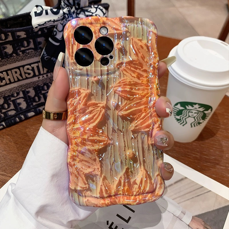 Ins Hot oil painting colorful flowers new anti-fall Blu-ray phone case with lanyard for iPhone