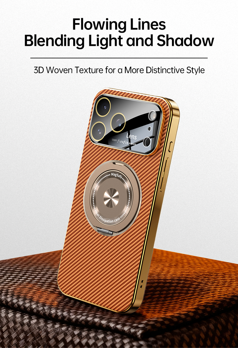 Close-up of CASESUN Kevlar weave iPhone 17 Pro Max case showing metallic reflection and 3D texture blending light and shadow for an exquisite finish.