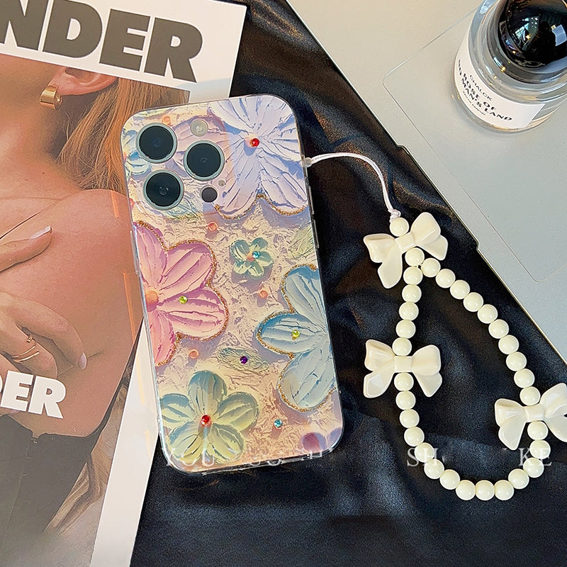 Ins Hot Oil Painting Flower & Butterfly flash lens film fresh flower girl anti drop cute phone case more than 100+ colors for iPhone