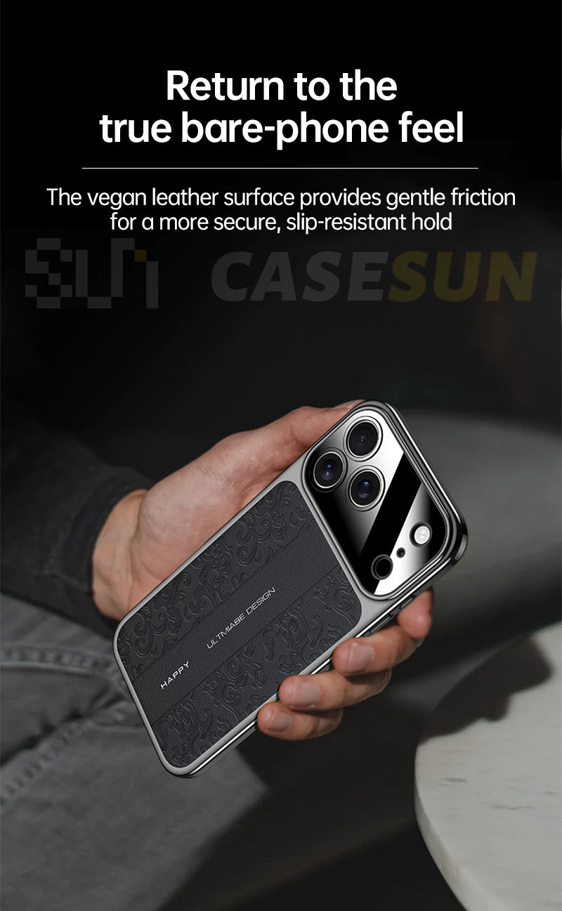 CASESUN vegan leather iPhone 17 Pro Max case shown in hand, slim profile with comfortable grip and bare-phone feel