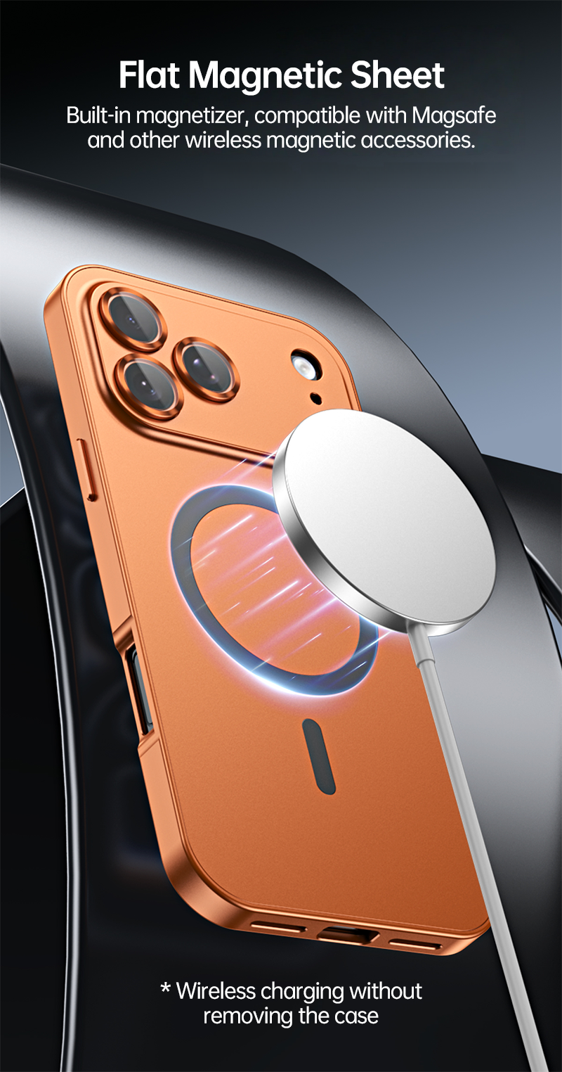 CASESUN-Orange iPhone 17 Pro Max case attached to MagSafe charger, glowing magnetic connection shown.