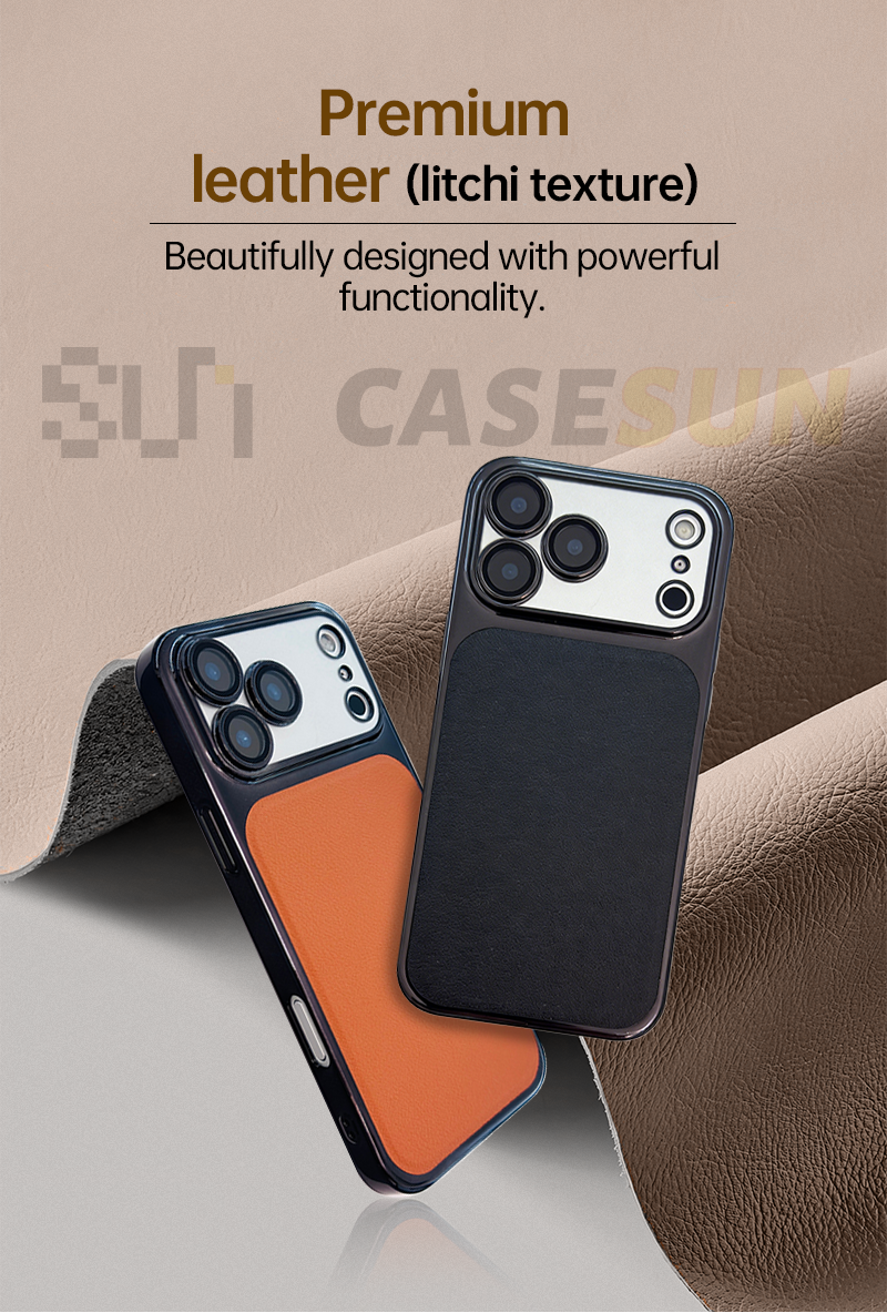 CASESUN Close-up of CaseSun eco-leather phone case showing mirror reflection and fine litchi texture detail.