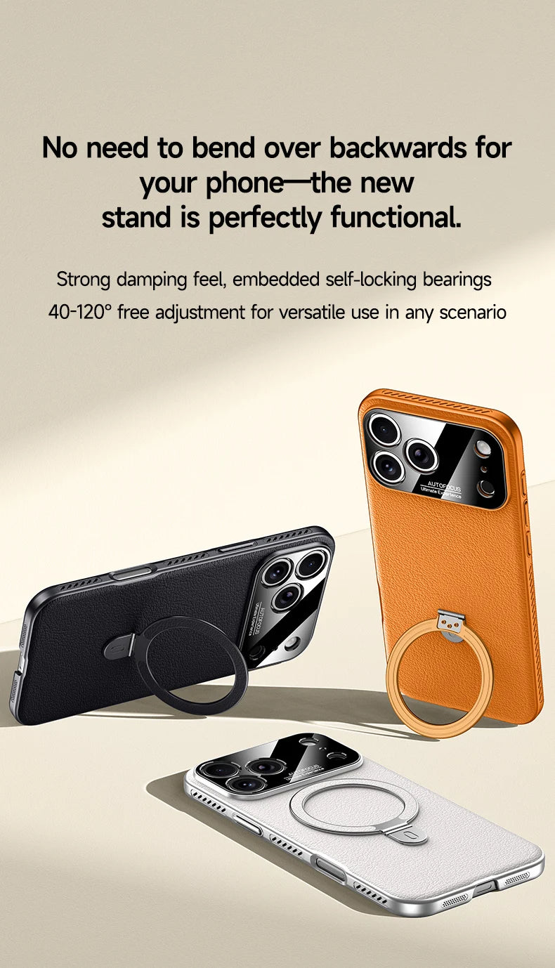 CASESUN adjustable metal ring stand case for iPhone 17 Pro Max, 40–120° stable pivot design.
