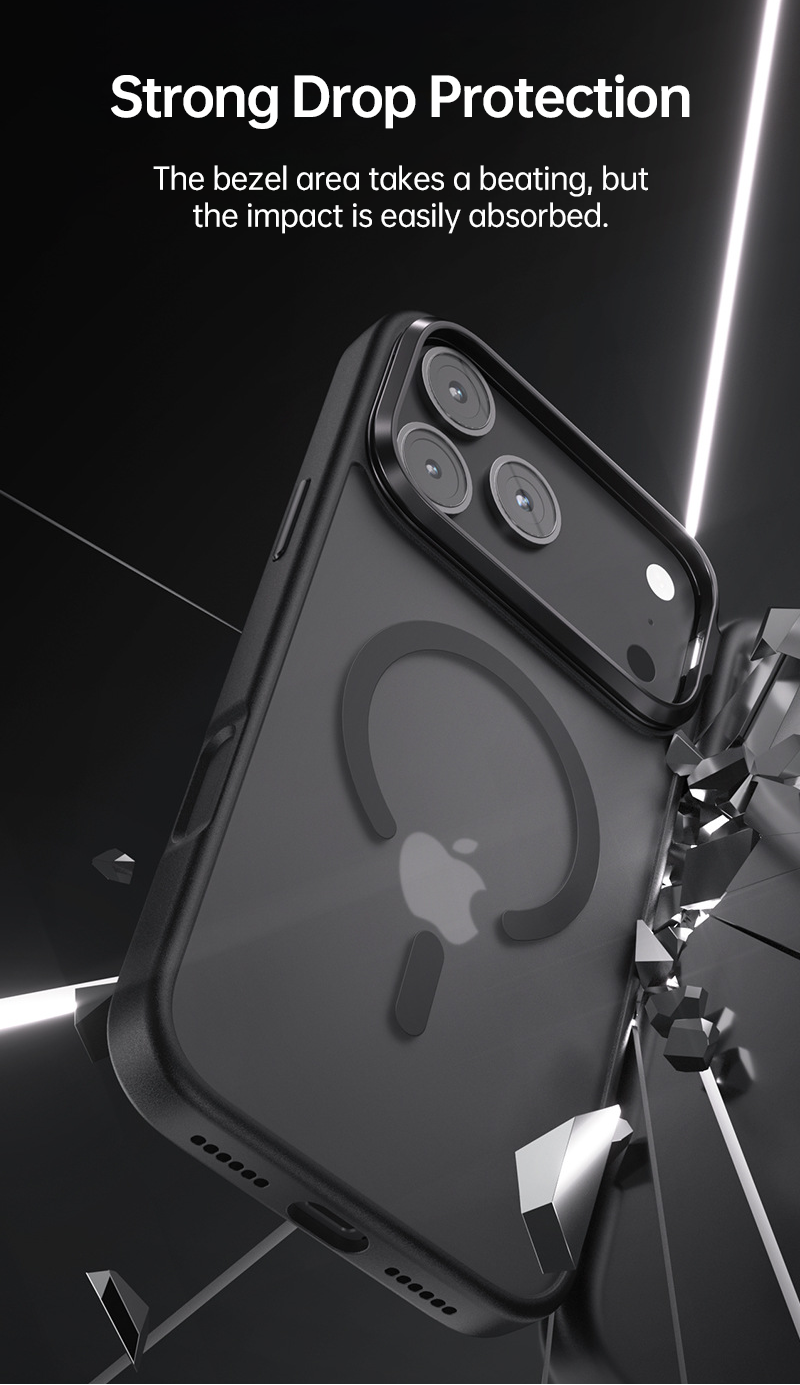 CaseSun-Illustrating the iPhone 17 Pro CASESUN case's impact-absorbing technology, with reinforced edges designed to withstand drops and shocks, ensuring safety for your device.
