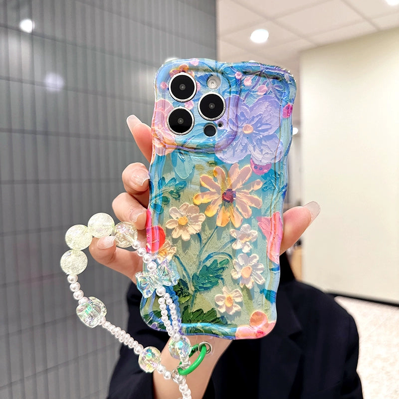 Ins Hot oil painting colorful flowers new anti-fall Blu-ray phone case with lanyard for iPhone