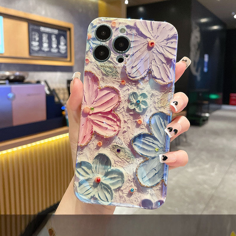 Painting flower glitter beautiful and cute lens film suitable for iPhone/Samsung series silicone women's anti-fall mobile phone case