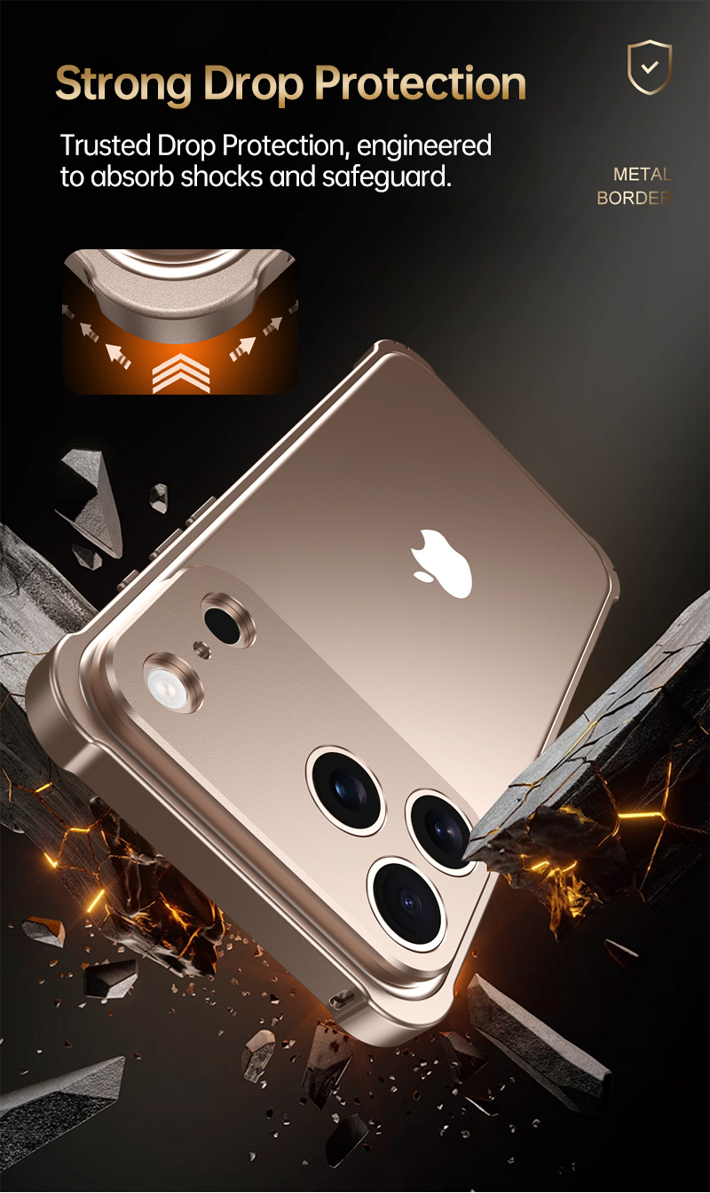 CASESUN iPhone 17 Pro Max metal bumper case absorbing impact during drop test, demonstrating rugged protection.
