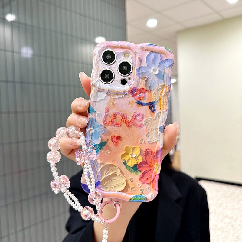 Ins Hot oil painting colorful flowers new anti-fall Blu-ray phone case with lanyard for iPhone