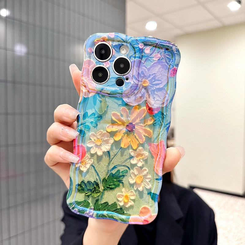 Ins Hot oil painting colorful flowers new anti-fall Blu-ray phone case with lanyard for iPhone