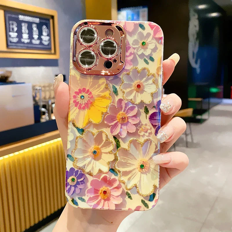 Ins Hot Oil Painting Flower & Butterfly flash lens film fresh flower girl anti drop cute phone case more than 100+ colors for iPhone