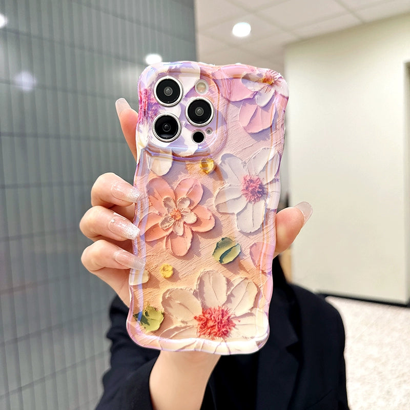 Ins Hot oil painting colorful flowers new anti-fall Blu-ray phone case with lanyard for iPhone