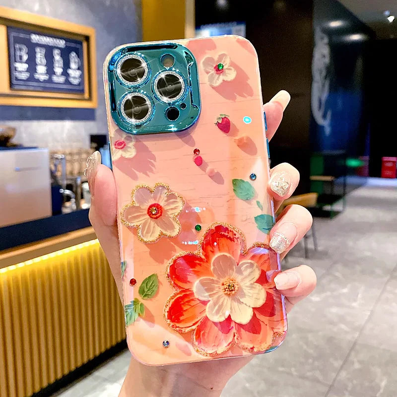 Ins Hot Oil Painting Flower & Butterfly flash lens film fresh flower girl anti drop cute phone case more than 100+ colors for iPhone