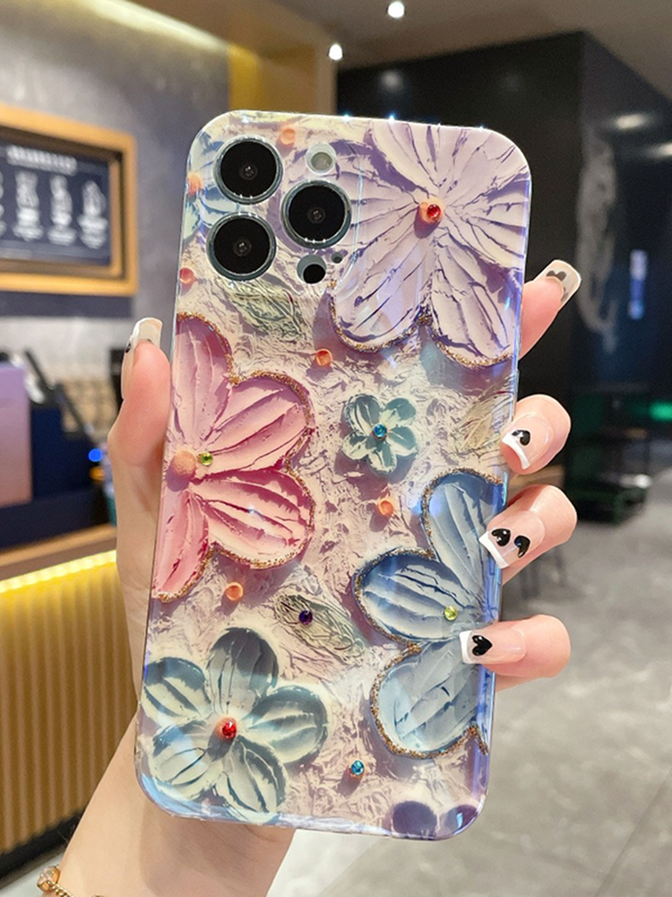 Painting flower glitter beautiful and cute lens film suitable for iPhone/Samsung series silicone women's anti-fall mobile phone case