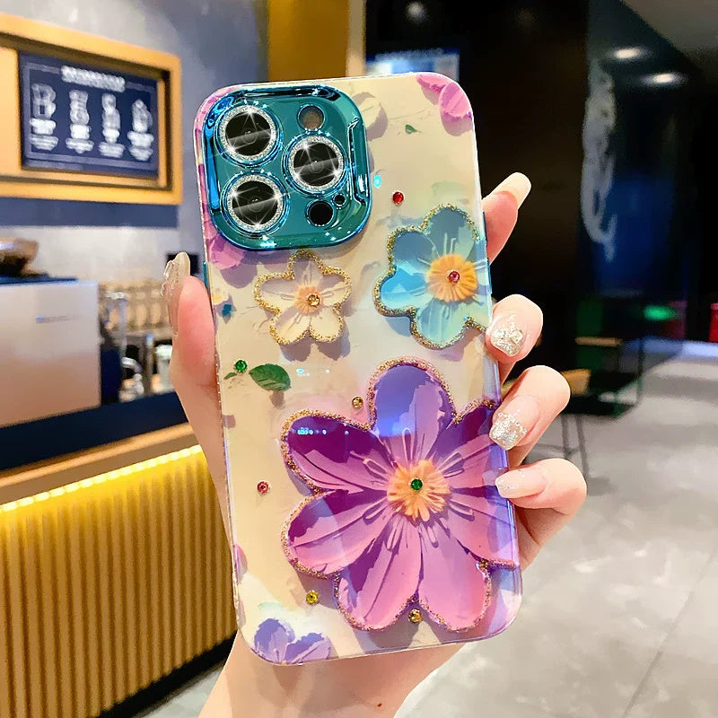 Ins Hot Oil Painting Flower & Butterfly flash lens film fresh flower girl anti drop cute phone case more than 100+ colors for iPhone