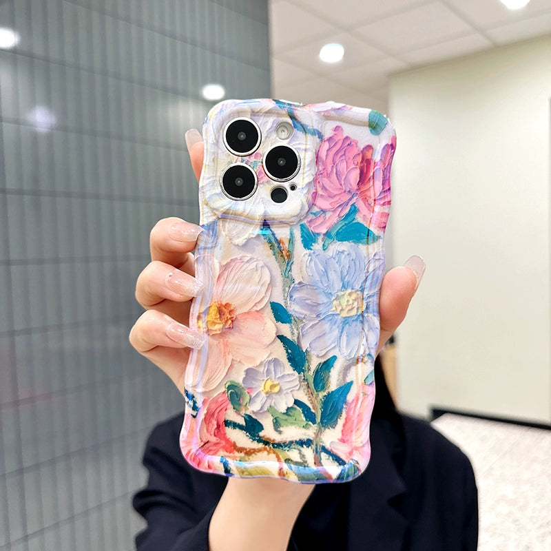 Ins Hot oil painting colorful flowers new anti-fall Blu-ray phone case with lanyard for iPhone