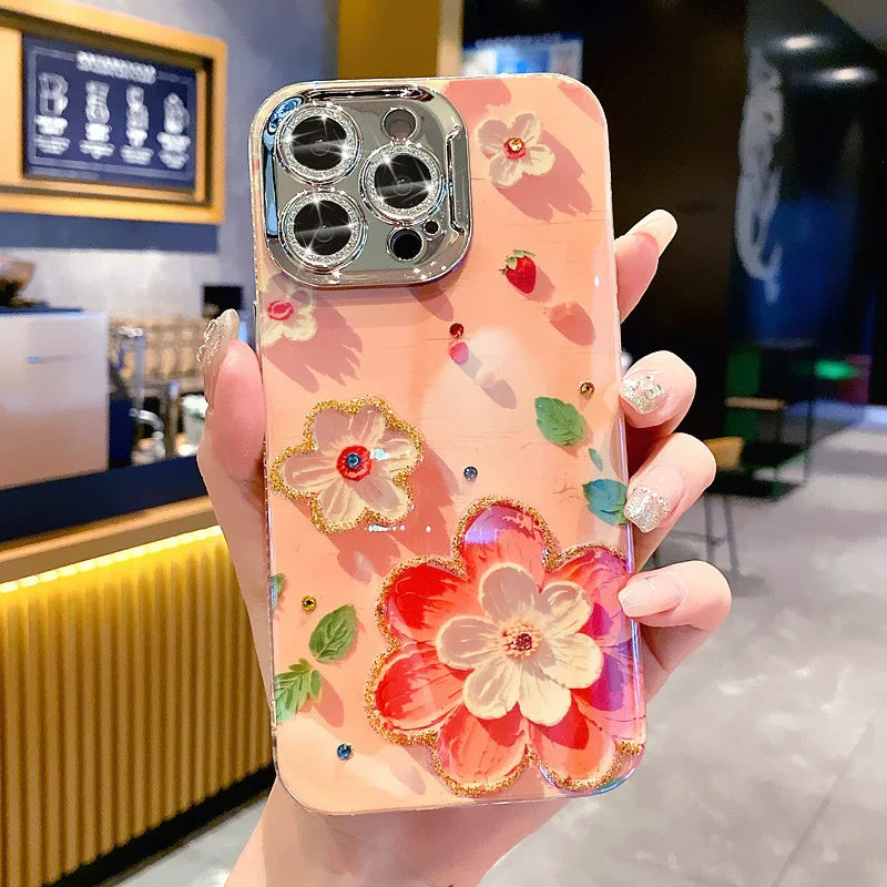 Ins Hot Oil Painting Flower & Butterfly flash lens film fresh flower girl anti drop cute phone case more than 100+ colors for iPhone