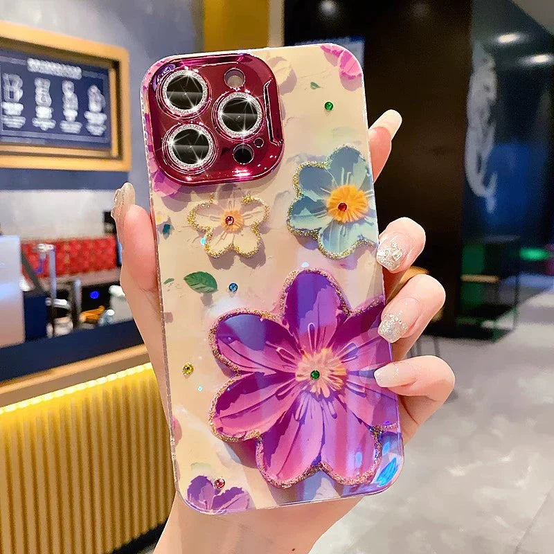 Ins Hot Oil Painting Flower & Butterfly flash lens film fresh flower girl anti drop cute phone case more than 100+ colors for iPhone