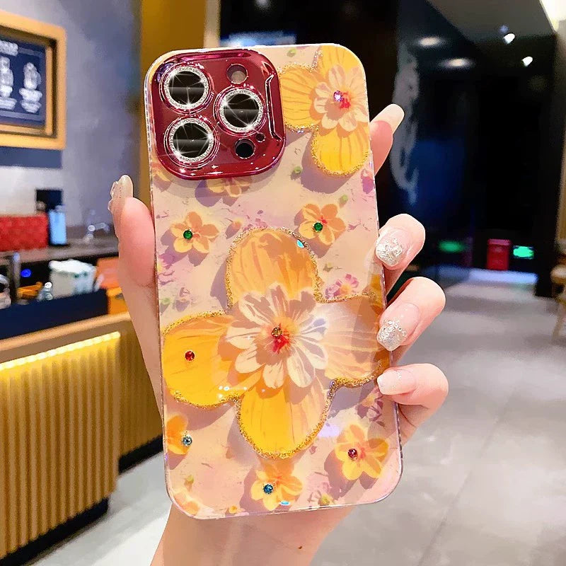 Ins Hot Oil Painting Flower & Butterfly flash lens film fresh flower girl anti drop cute phone case more than 100+ colors for iPhone