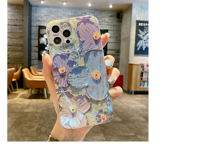 Painting flower glitter beautiful and cute lens film suitable for iPhone/Samsung series silicone women's anti-fall mobile phone case