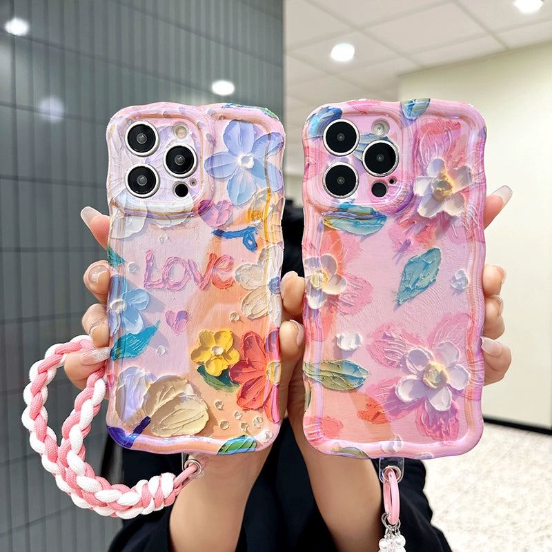 Ins Hot oil painting colorful flowers new anti-fall Blu-ray phone case with lanyard for iPhone