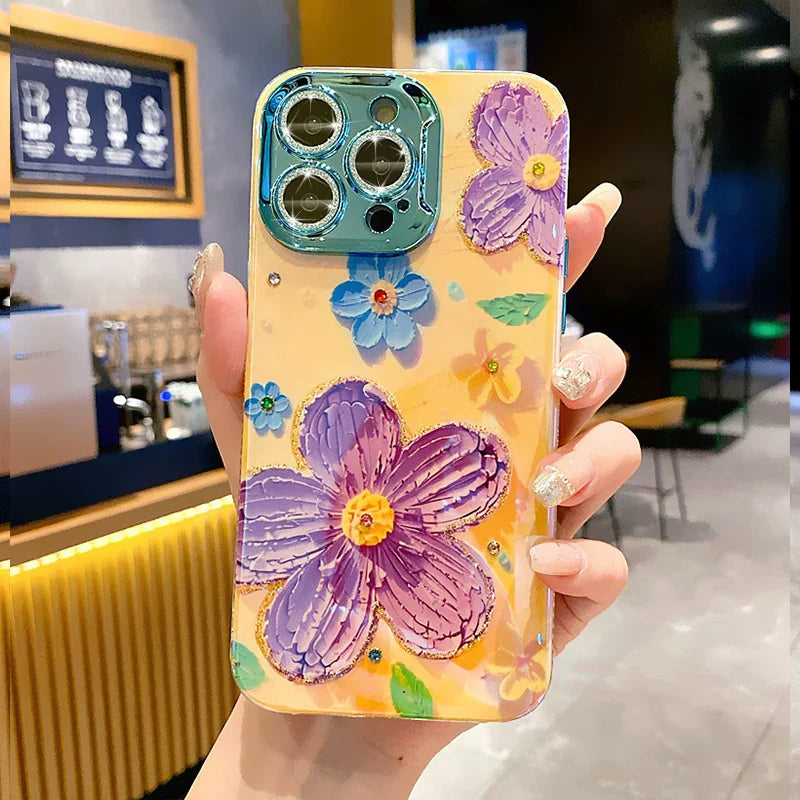 Ins Hot Oil Painting Flower & Butterfly flash lens film fresh flower girl anti drop cute phone case more than 100+ colors for iPhone