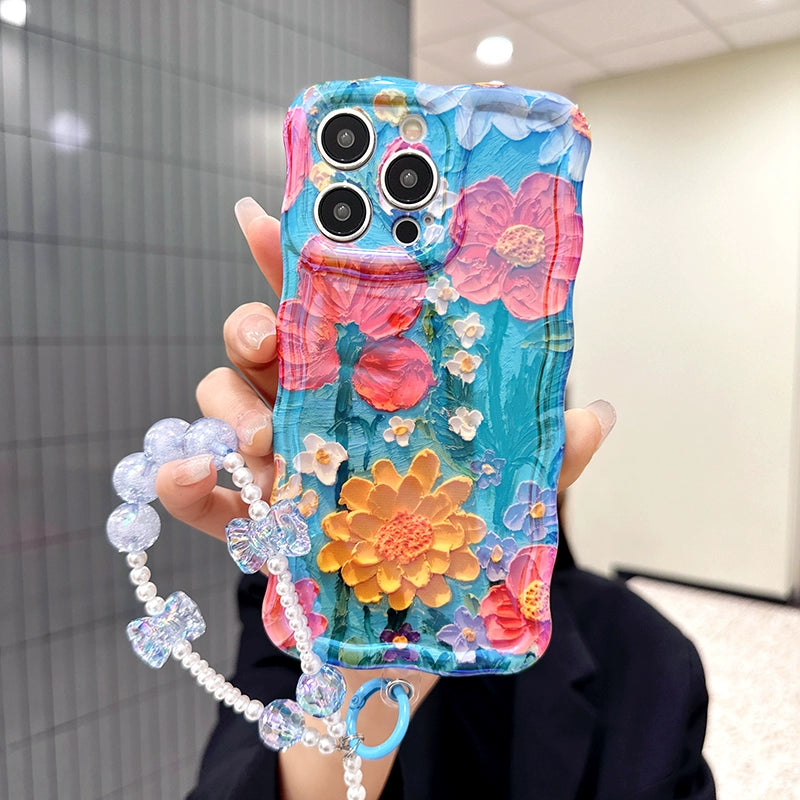 Ins Hot oil painting colorful flowers new anti-fall Blu-ray phone case with lanyard for iPhone