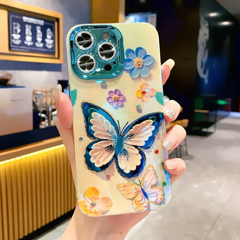 Ins Hot Oil Painting Flower & Butterfly flash lens film fresh flower girl anti drop cute phone case more than 100+ colors for iPhone