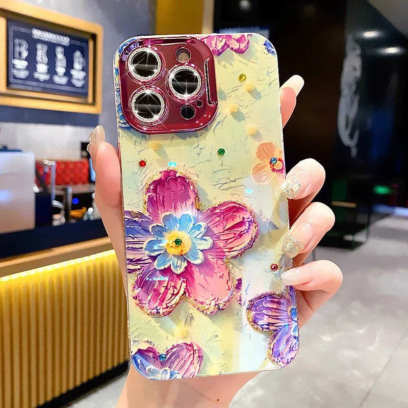 Ins Hot Oil Painting Flower & Butterfly flash lens film fresh flower girl anti drop cute phone case more than 100+ colors for iPhone