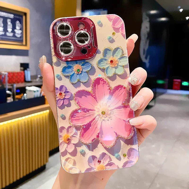 Ins Hot Oil Painting Flower & Butterfly flash lens film fresh flower girl anti drop cute phone case more than 100+ colors for iPhone