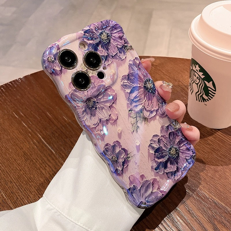 Ins Hot oil painting colorful flowers new anti-fall Blu-ray phone case with lanyard for iPhone