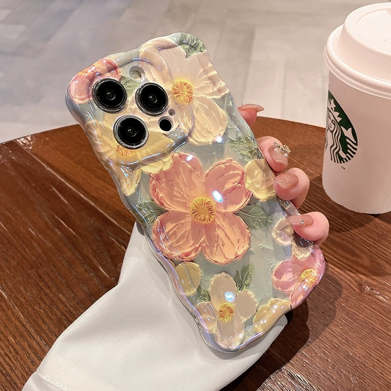 Ins Hot oil painting colorful flowers new anti-fall Blu-ray phone case with lanyard for iPhone