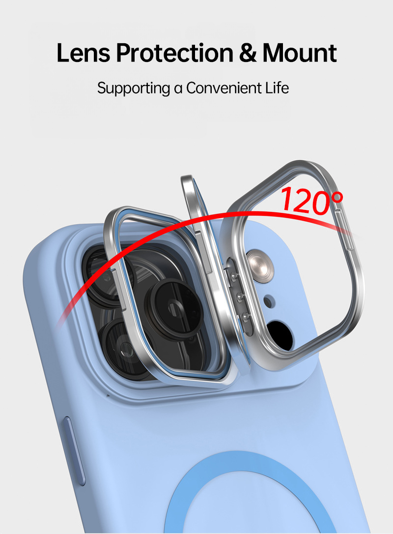 CaseSun-iPhone 17 case with hidden camera lens kickstand adjustable to 120 degrees for hands-free viewing.