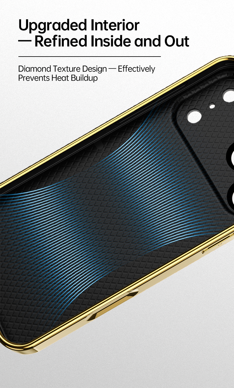 Inside view of CASESUN iPhone 17 Pro Max case with diamond-textured anti-heat layer, engineered for long-lasting cooling and protection.