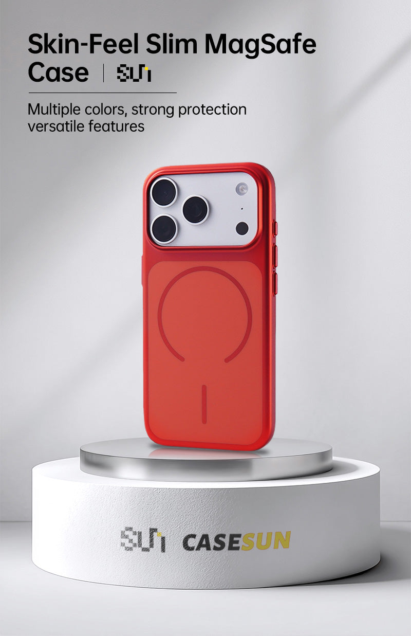 Ultra-thin red MagSafe iPhone case with matte finish and metal camera guard