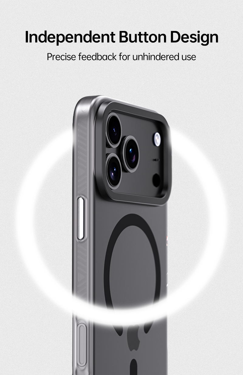 CASESUN-Side view of iPhone 17 Pro Max case highlighting independent buttons.