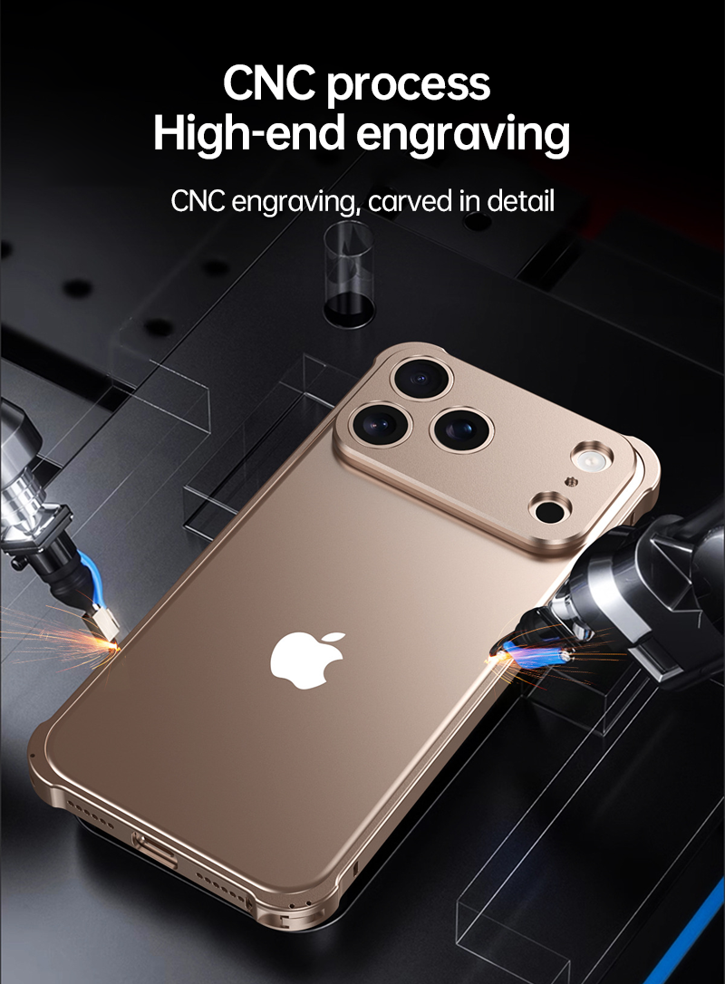 CASESUN CNC engraving process on aluminum alloy iPhone 17 Pro Max frame, showing precision milling details.