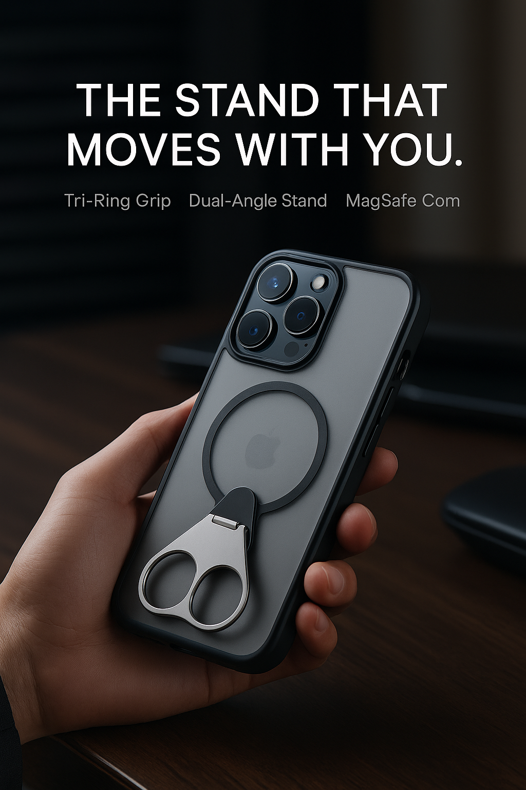CaseSun-Hand holding iPhone 17 Pro Max case with tri-ring metal stand, showing dual-angle grip and MagSafe compatibility under the text “The Stand That Moves With You.”