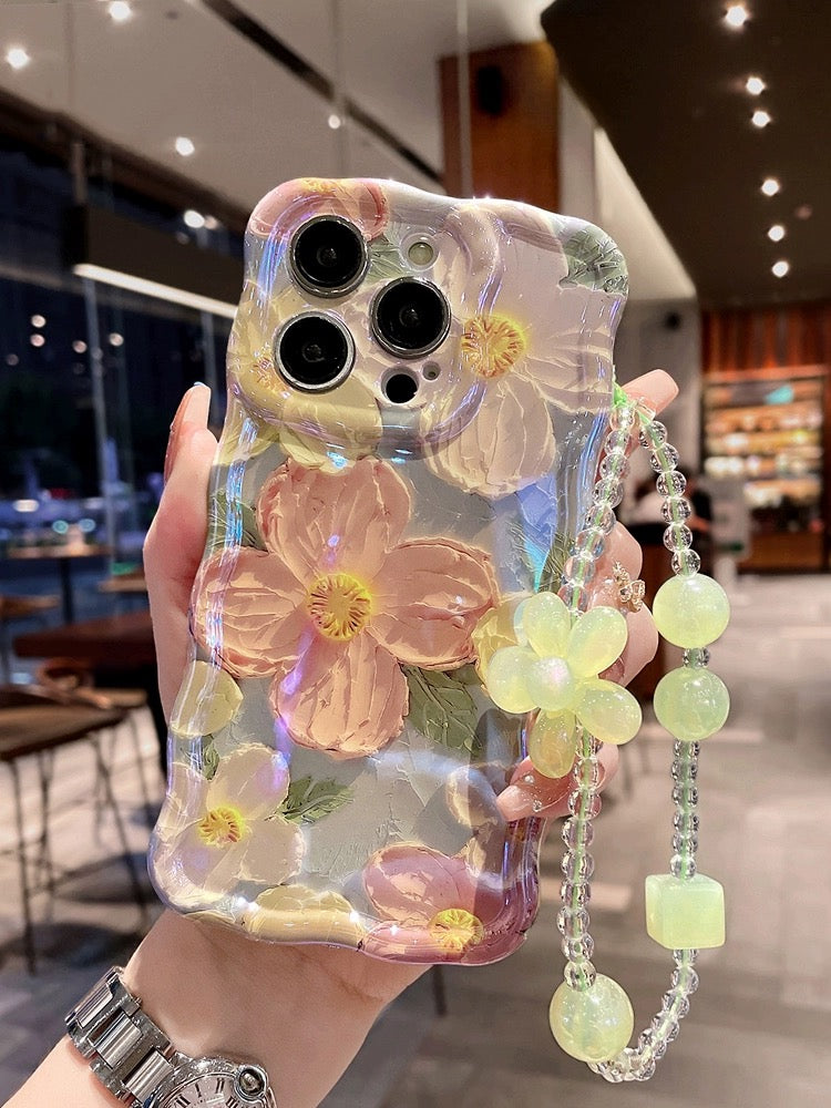 Ins Hot oil painting colorful flowers new anti-fall Blu-ray phone case with lanyard for iPhone