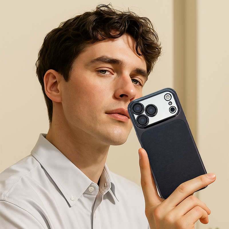 CASESUN-A well-dressed man outdoors holding an orange CaseSun iPhone 17 Pro Max case, symbolizing business elegance and premium lifestyle.